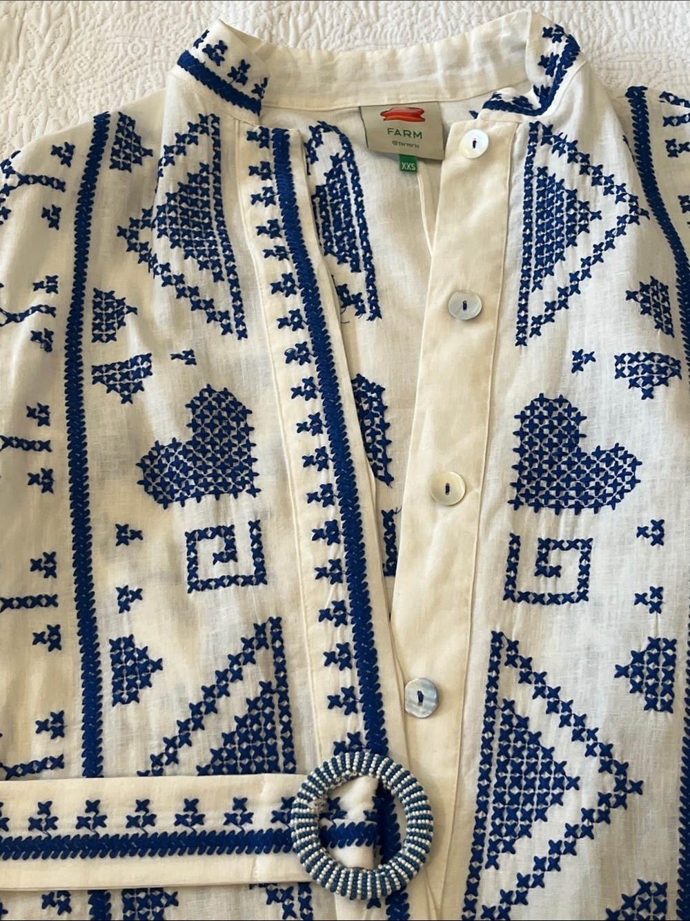 FARM Rio White Mini Dress with Blue Embroidery Crosstitch - Picture 4 of 10